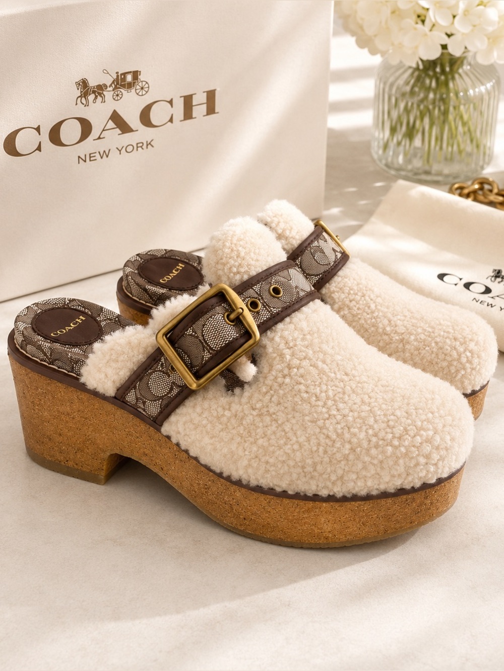 Coach Cream Sherpa Clogs with Brown Signature Strap